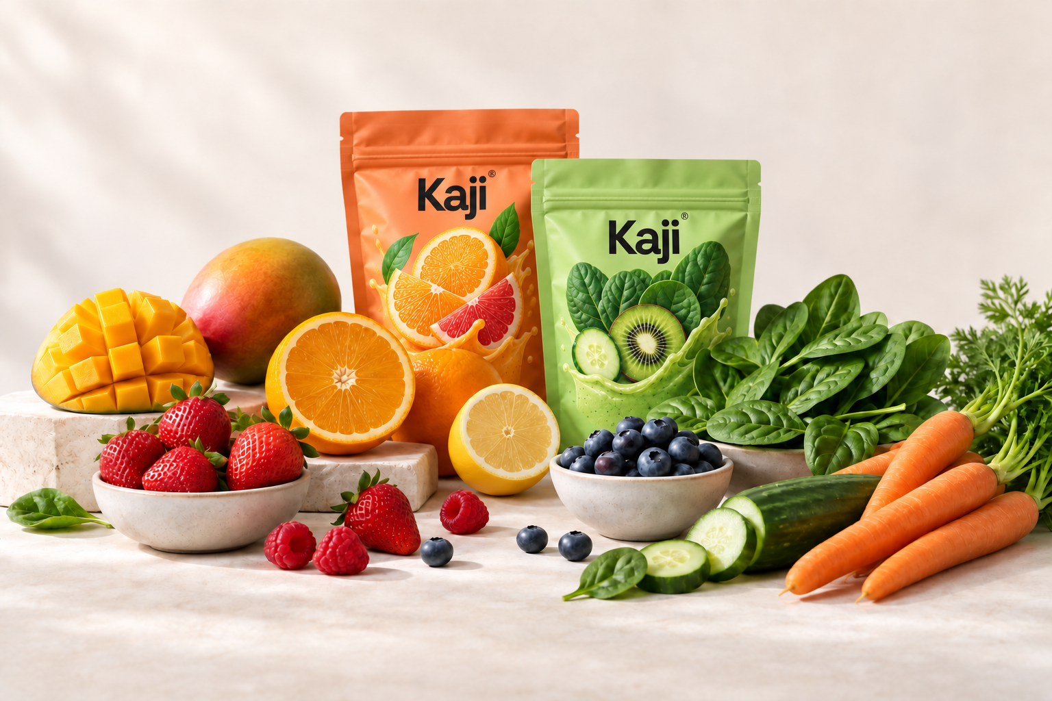 Packs Kaji aux fruits et légumes entourés de produits frais